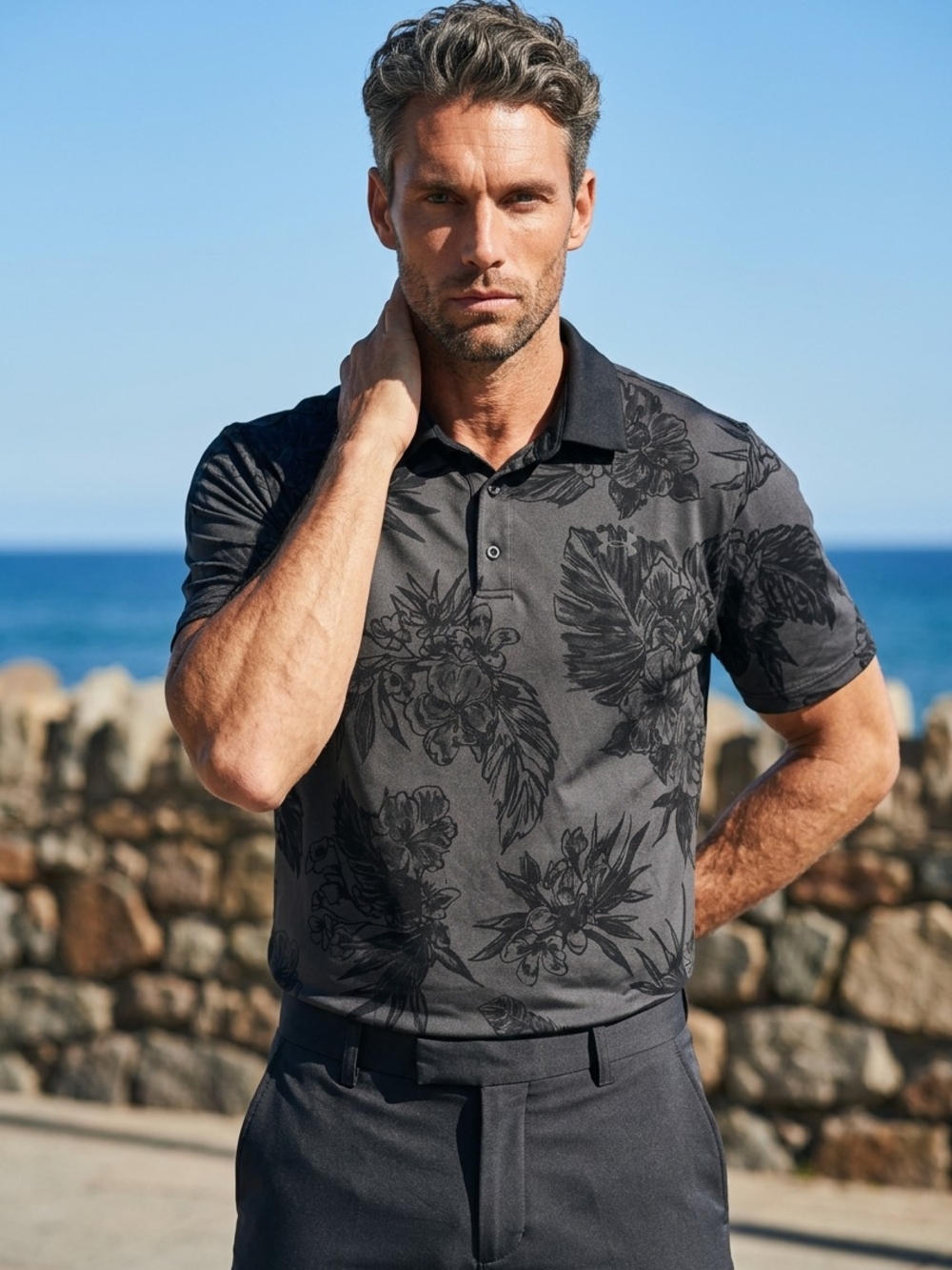 Under Armour Playoff Polo 2.0 XL Castlerock Golf Shirt Gray Black Botanical Leaf